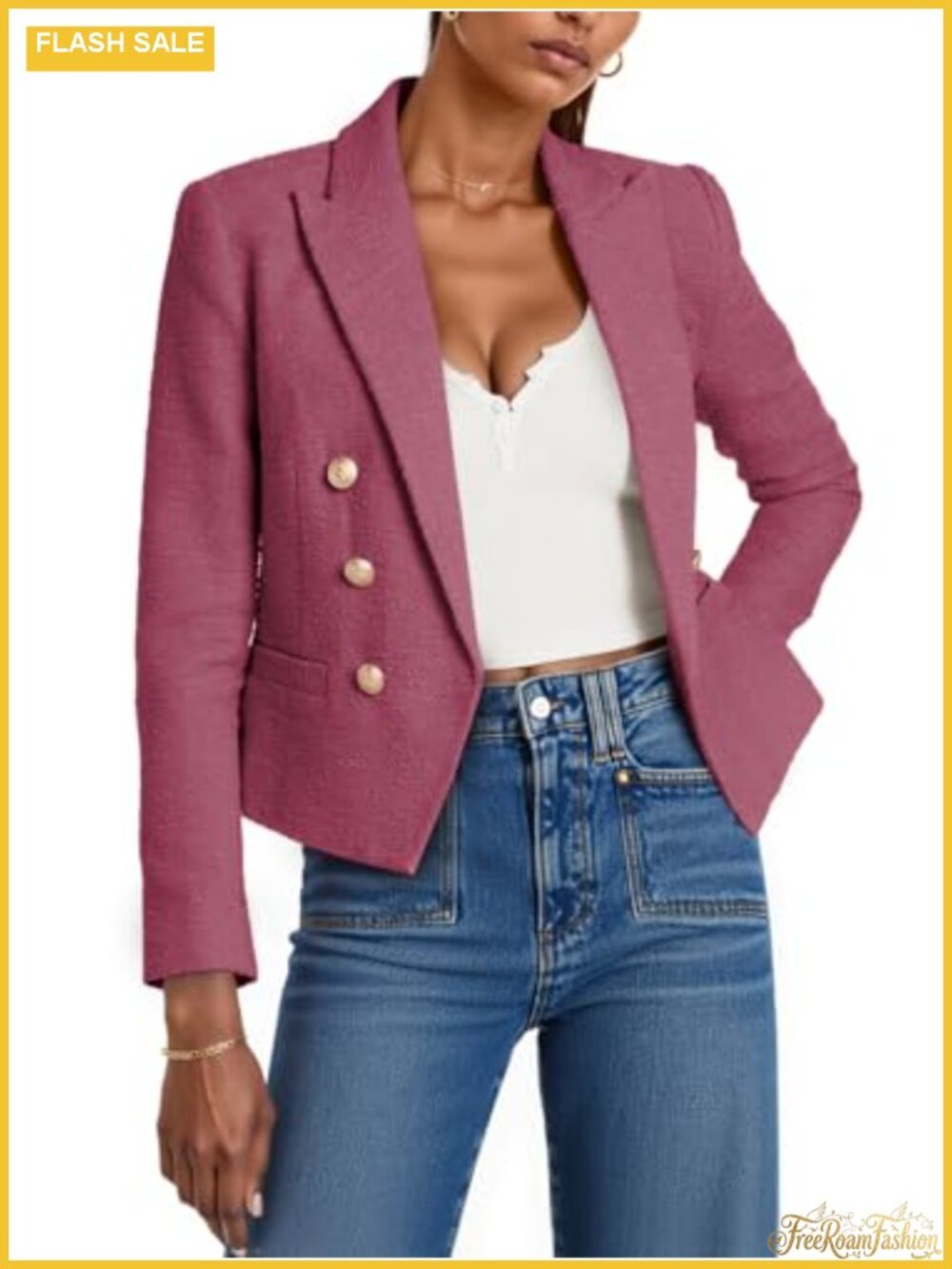 Cropped Tweed Blazer Jacket Lapel Open Front Long Sleeve Business Suit